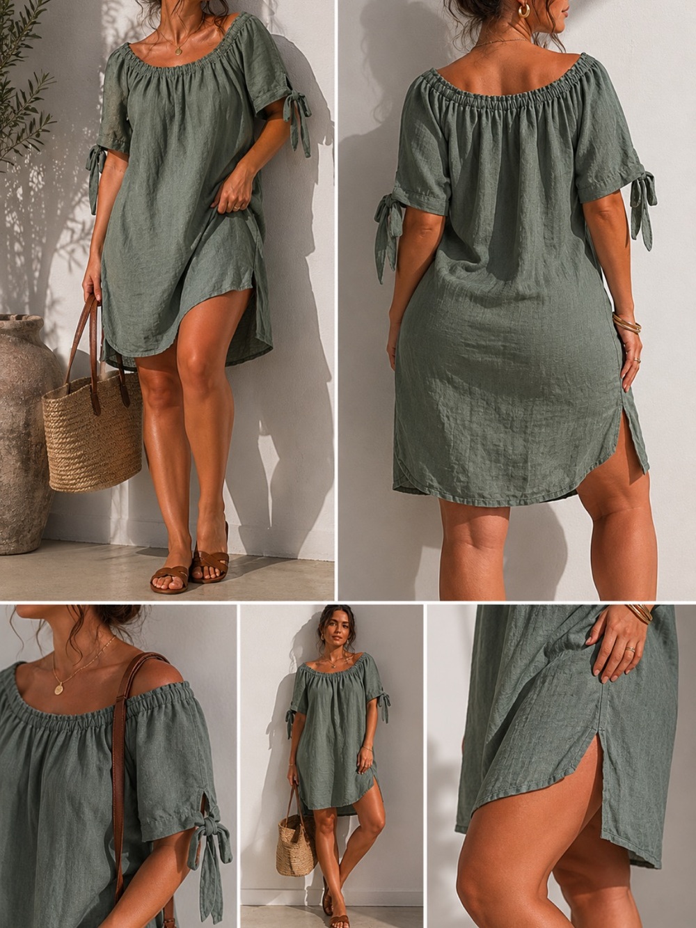 Sage Green Linen Off-Shoulder Tunic Dress | Boho Cottagecore